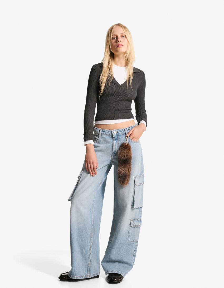 Jeans wide leg cargo-Azul claro