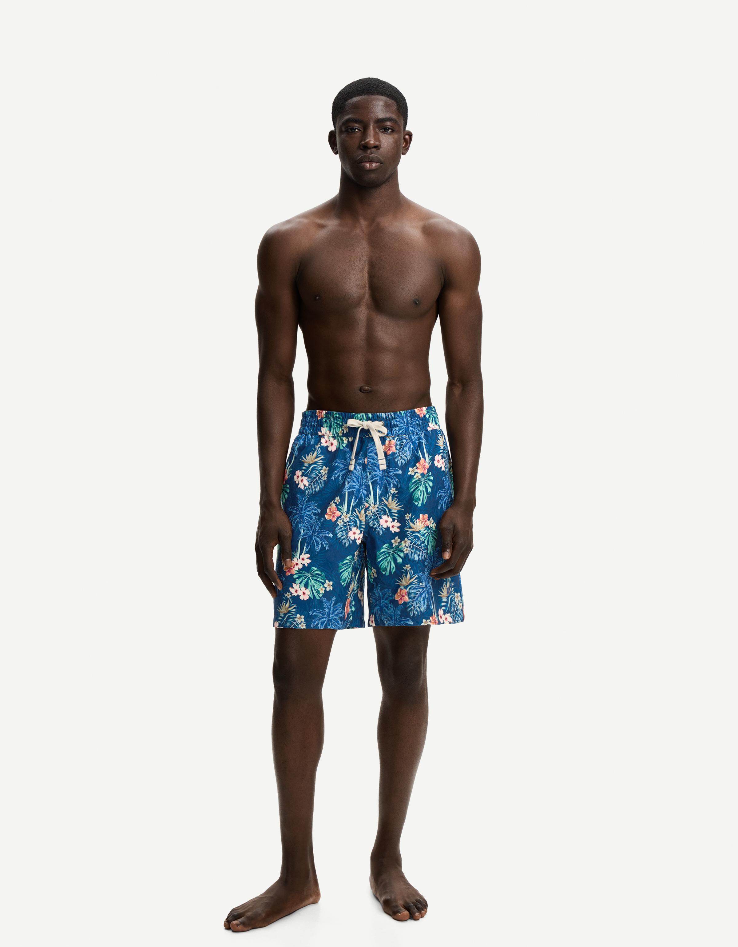 Bershka Lange Badeshorts Mit Tropischem Print Herren M Blau