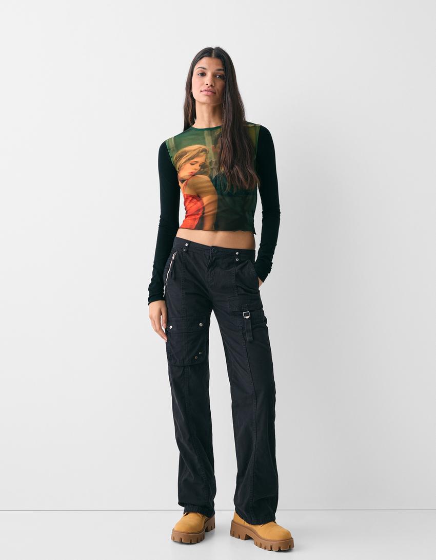 Long sleeve Cry-Baby print tulle T-shirt-Black-3