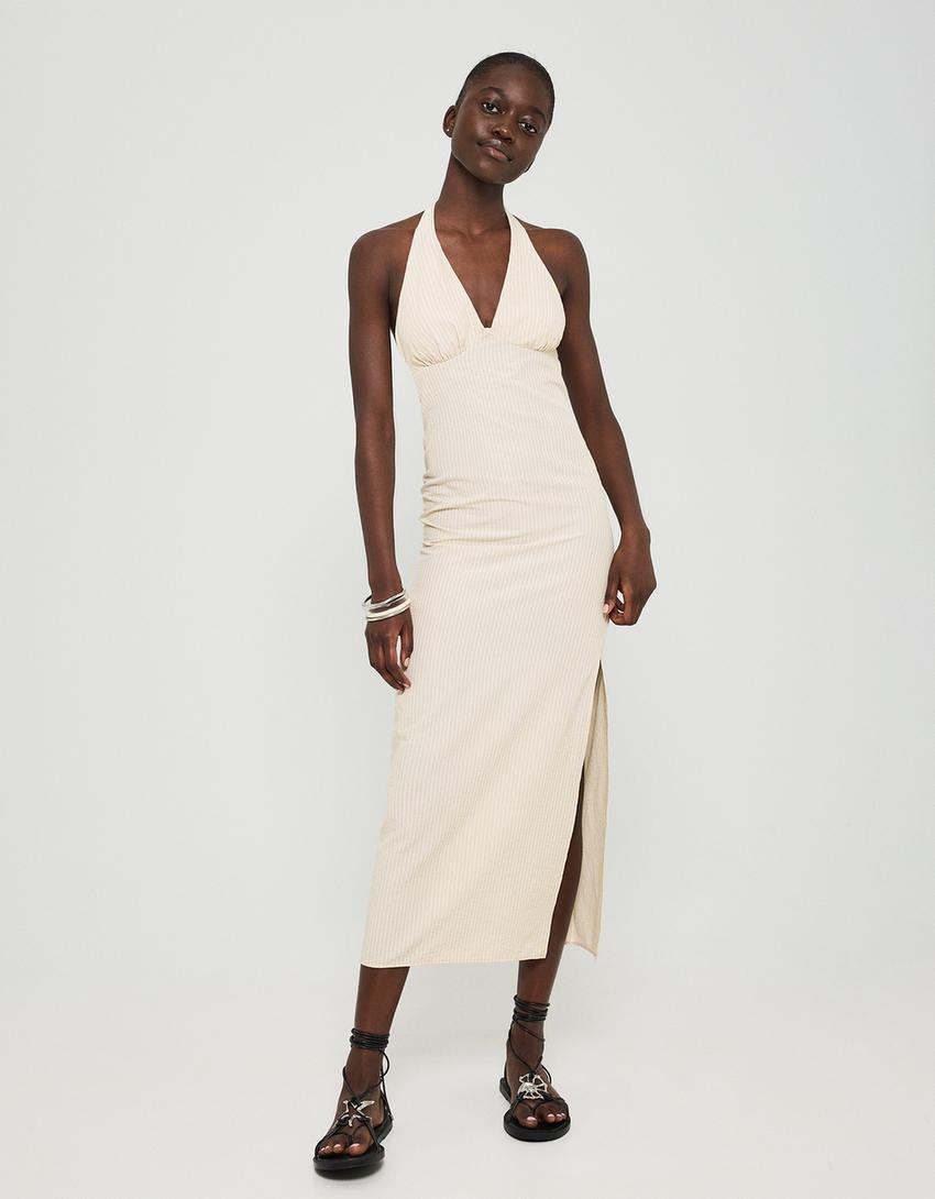 Robe midi encolure américaine-Moutarde-0