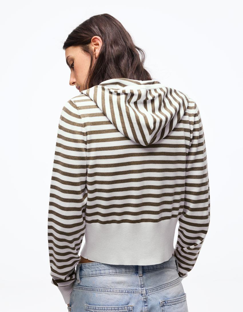 Zip-up striped hoodie-Blue