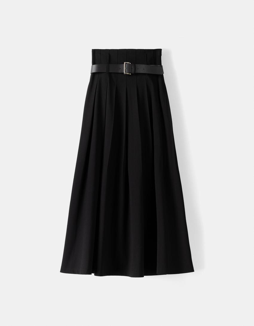 Tailored fit box pleat midi skirt with belt and split-Black-4