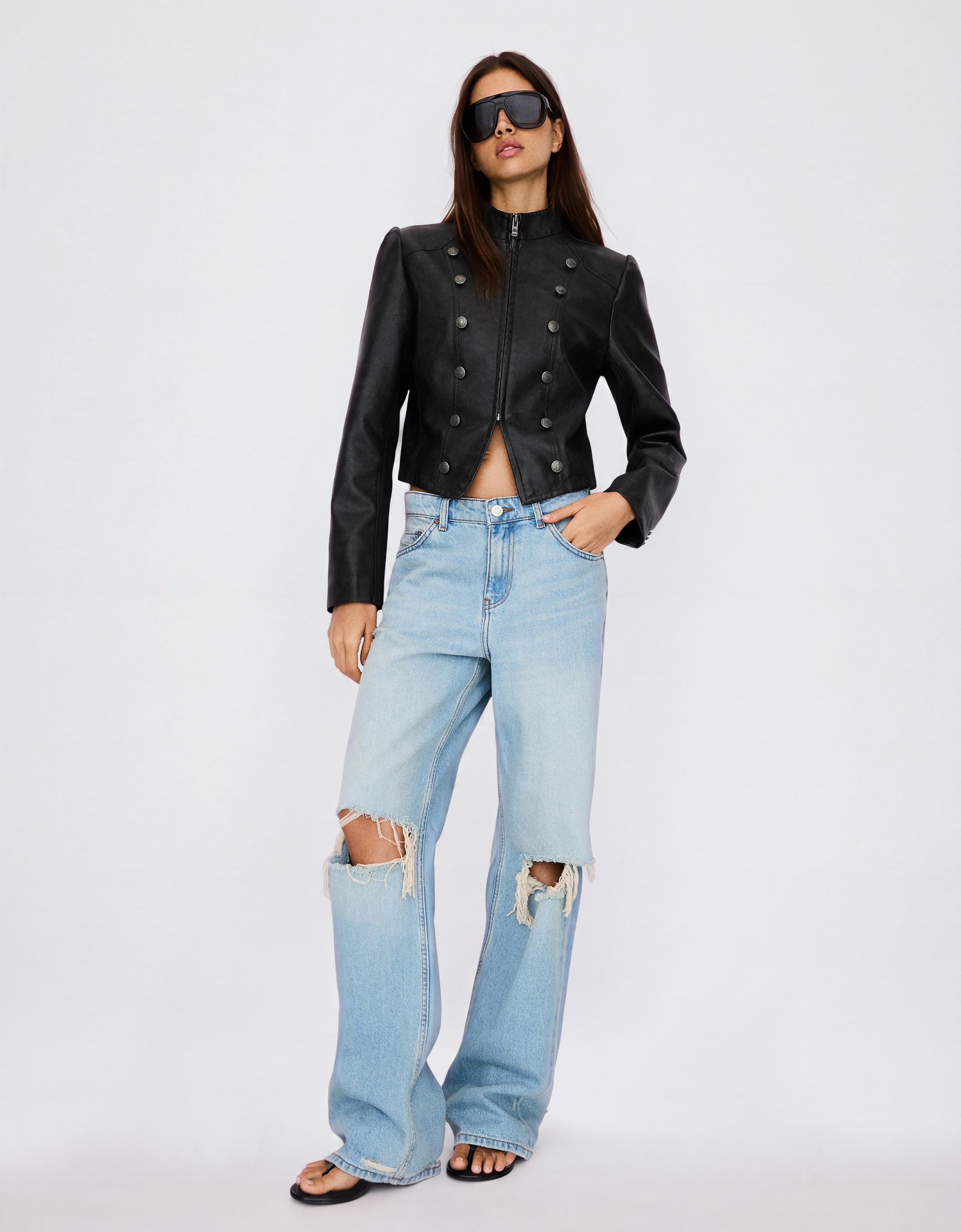 Buttoned leather effect jacket — Dark grey
