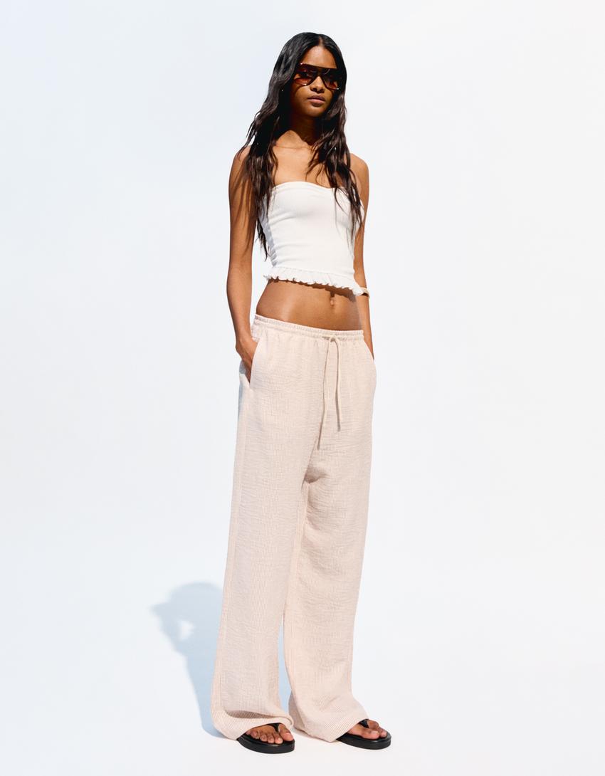Pantalón Blanco Pantalones A Rayas Bershka Cintura Palazzo De