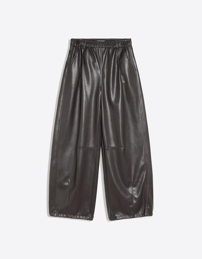 Faux leather drop crotch pants-Grey