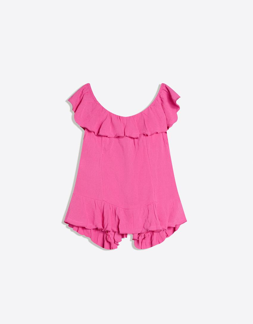 Volanlı Bardot top-Fuşya
