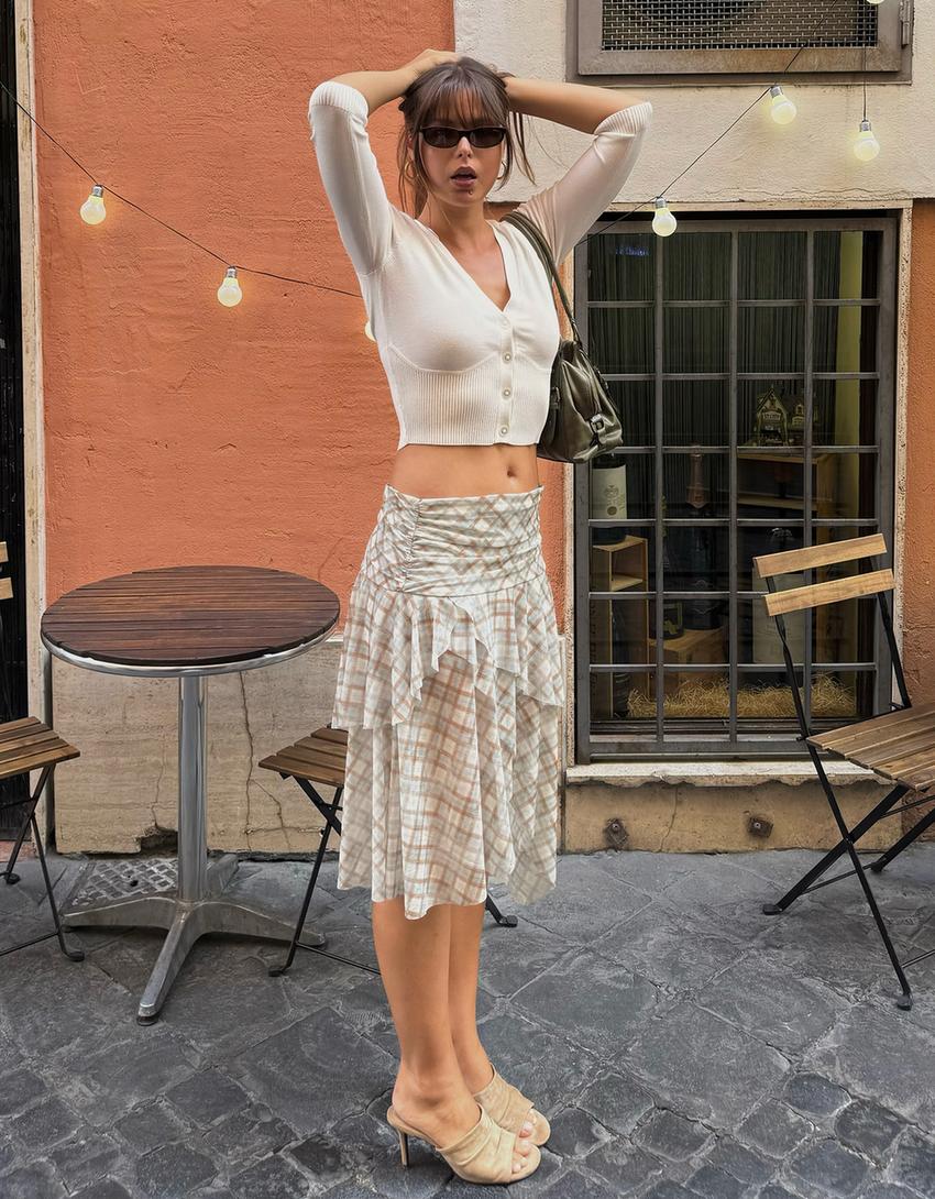V yaka crop ceket-Krem