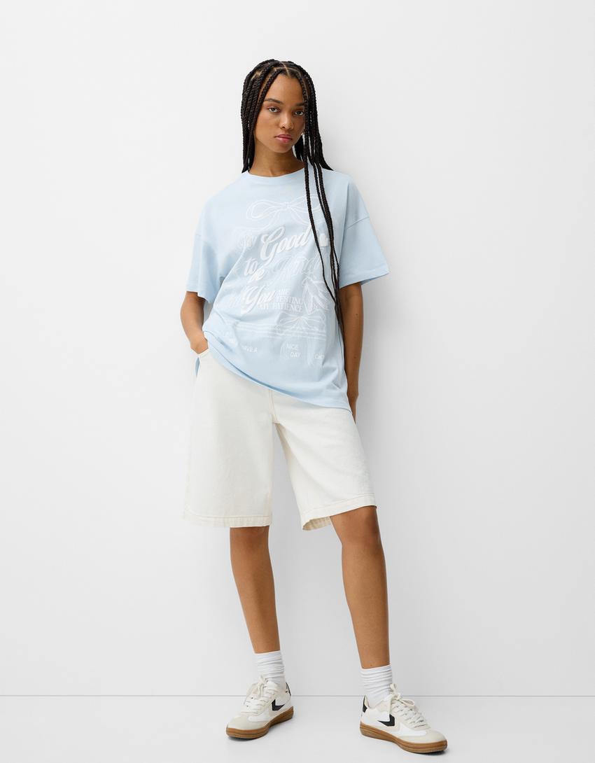 تيشرت فضفاض بأكمام قصيرة وطبعة-أزرق فاتح-3