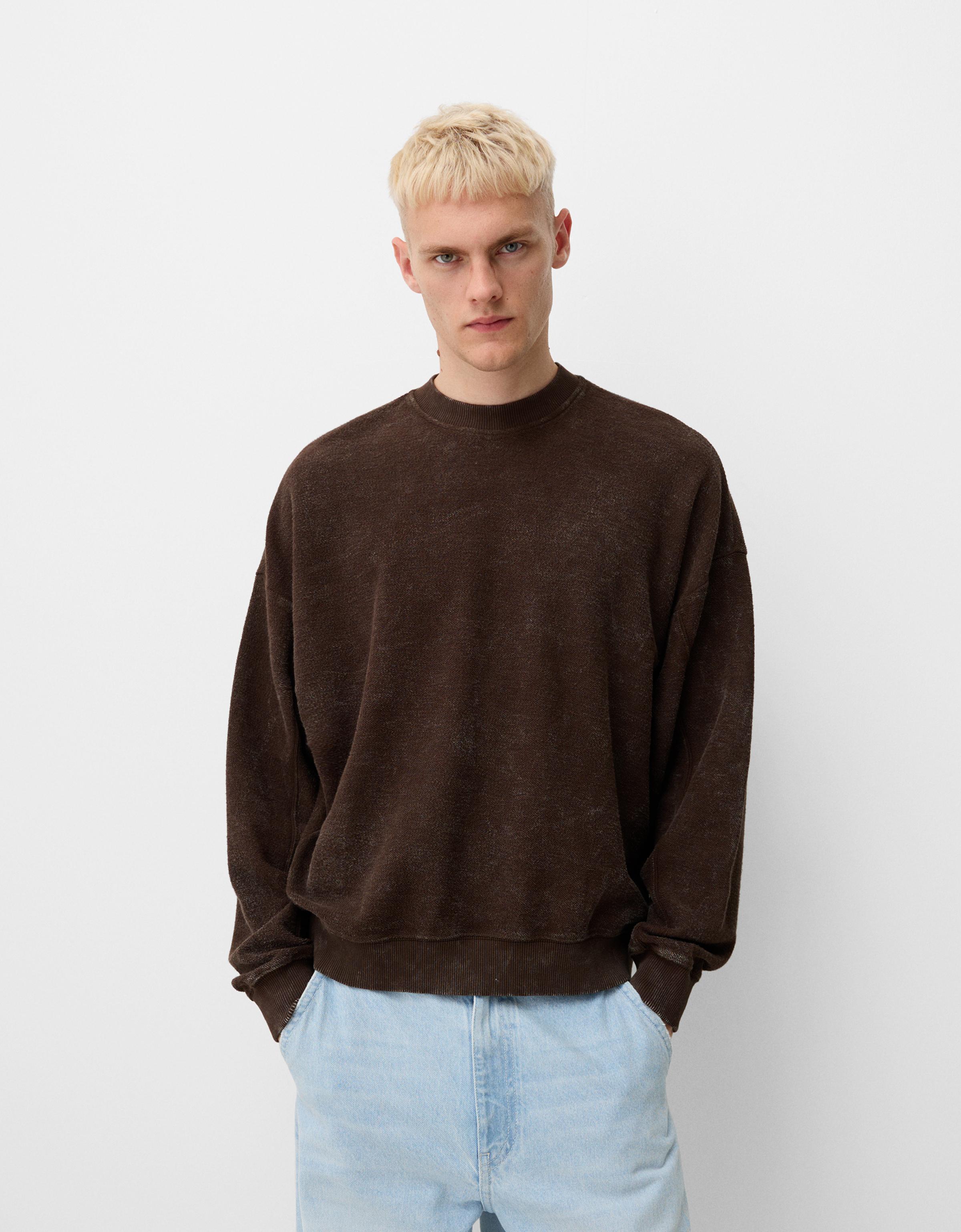 Bershka Sweatshirt Im Washed-Look Mit Langen Ärmeln Herren L Braun