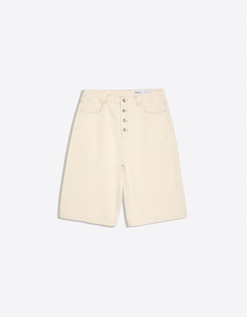 Barrel denim Bermuda shorts-Cream
