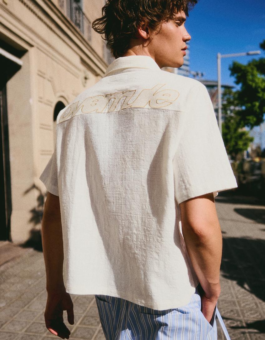Camisa manga corta boxy fit bordada-Blanco