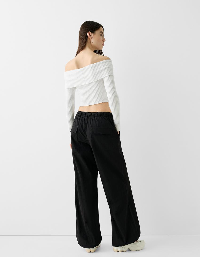 Ribbed long sleeve Bardot T-shirt-Cream-1