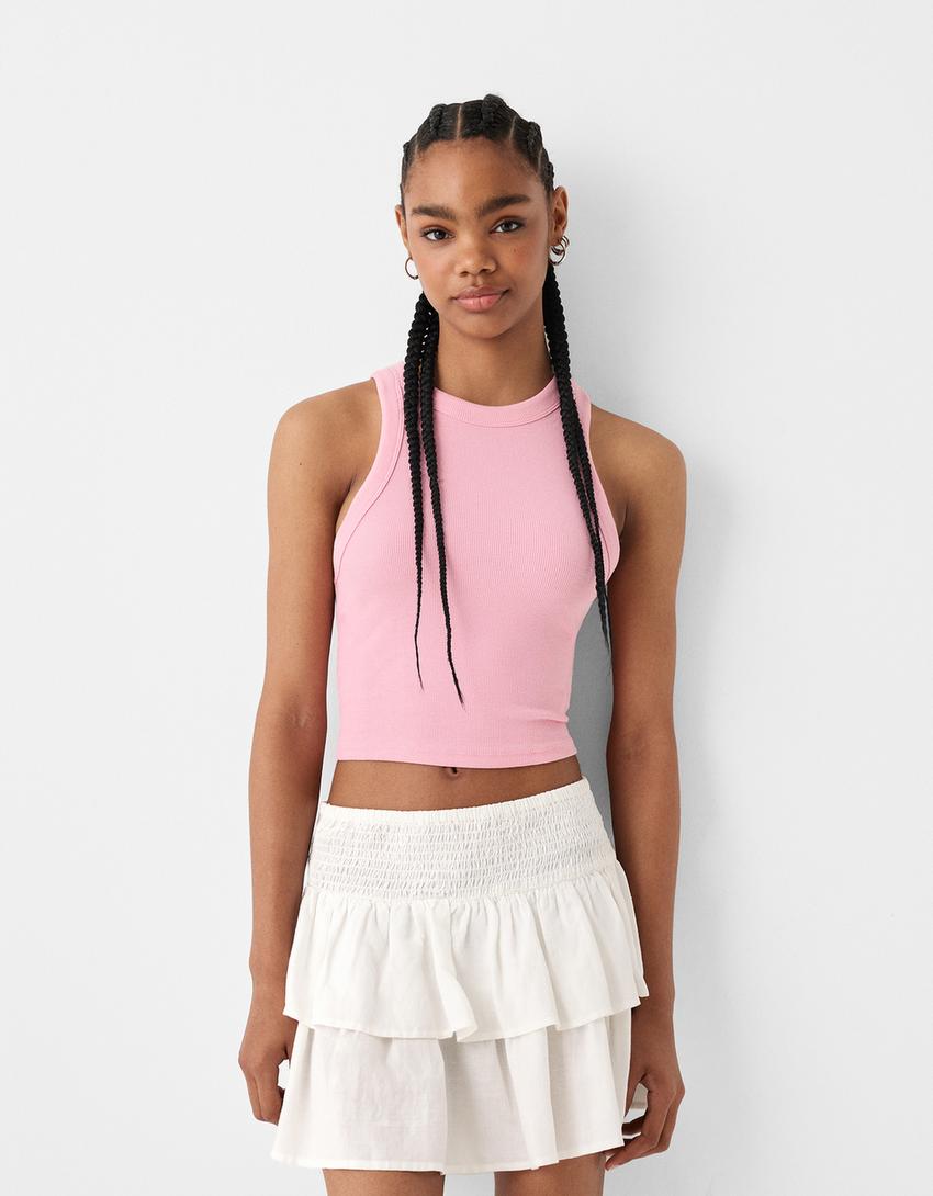 Elastik belli fırfırlı mini etek-Krem-1