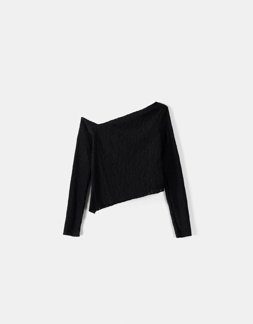 Asimetrik kenarlı uzun kollu gofre kumaş t-shirt-Siyah-4