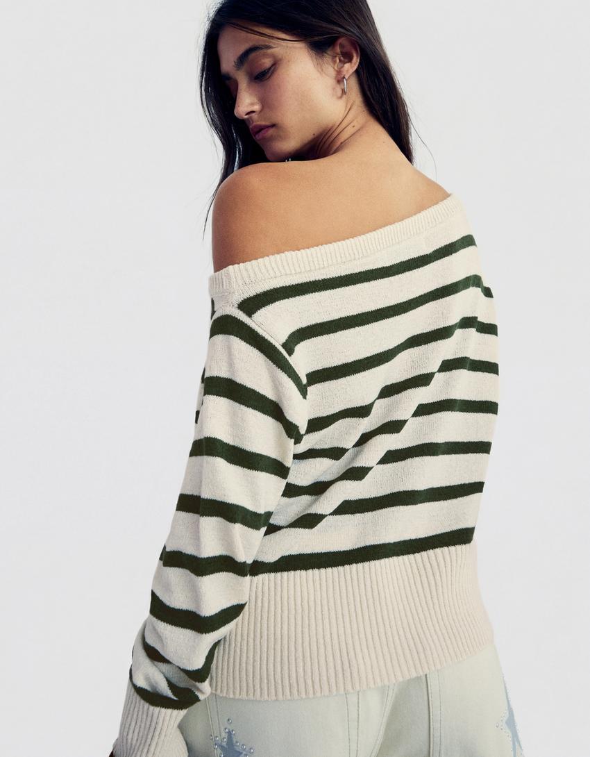 Свитер асимметричного кроя в стиле рустик в полоску-Зеленый