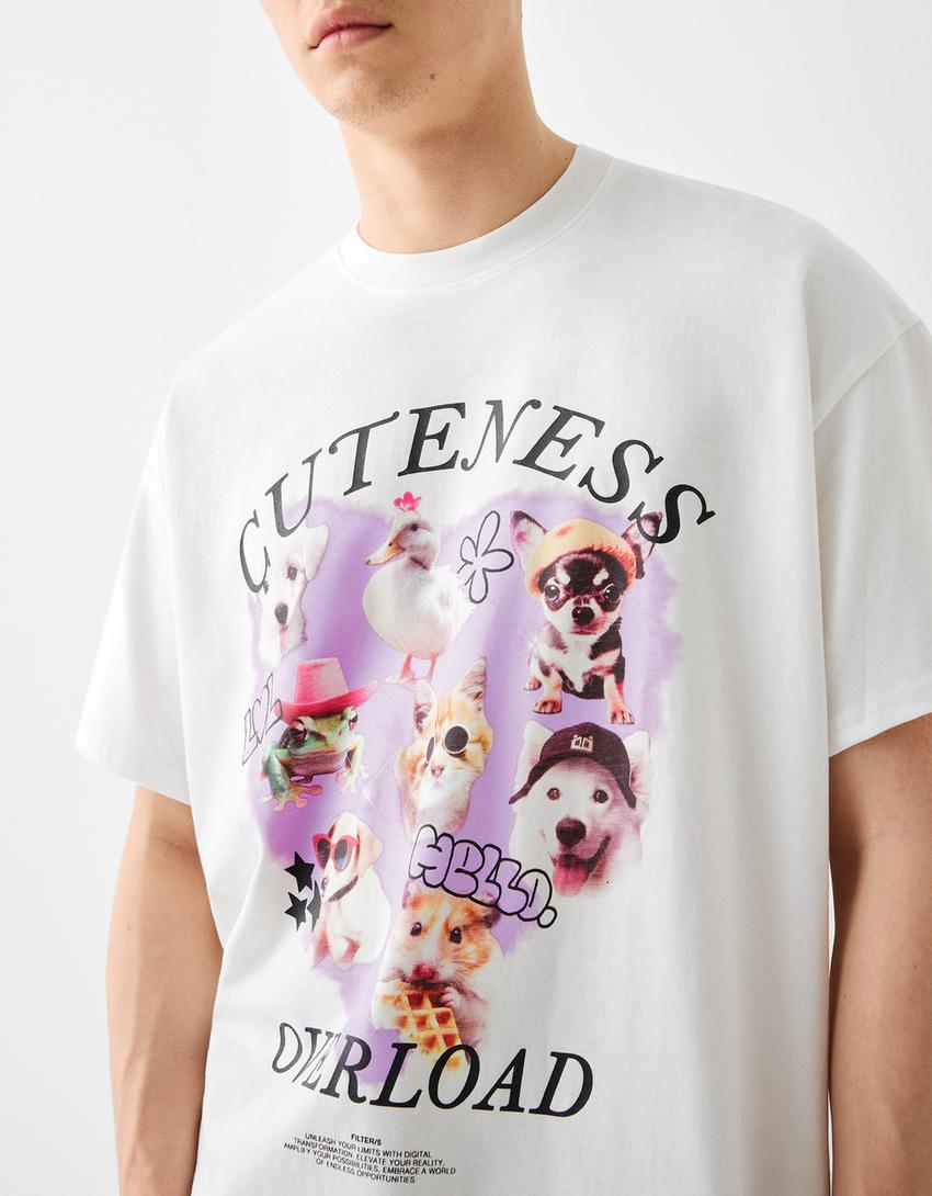 T-shirt Bershka Wearable Art oversize fit com estampado-Gelo-3