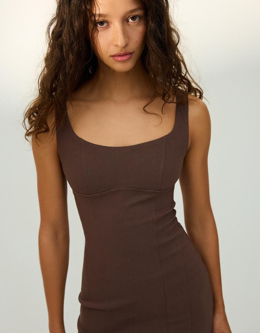 Rochie midi bretele bengalină-Maro