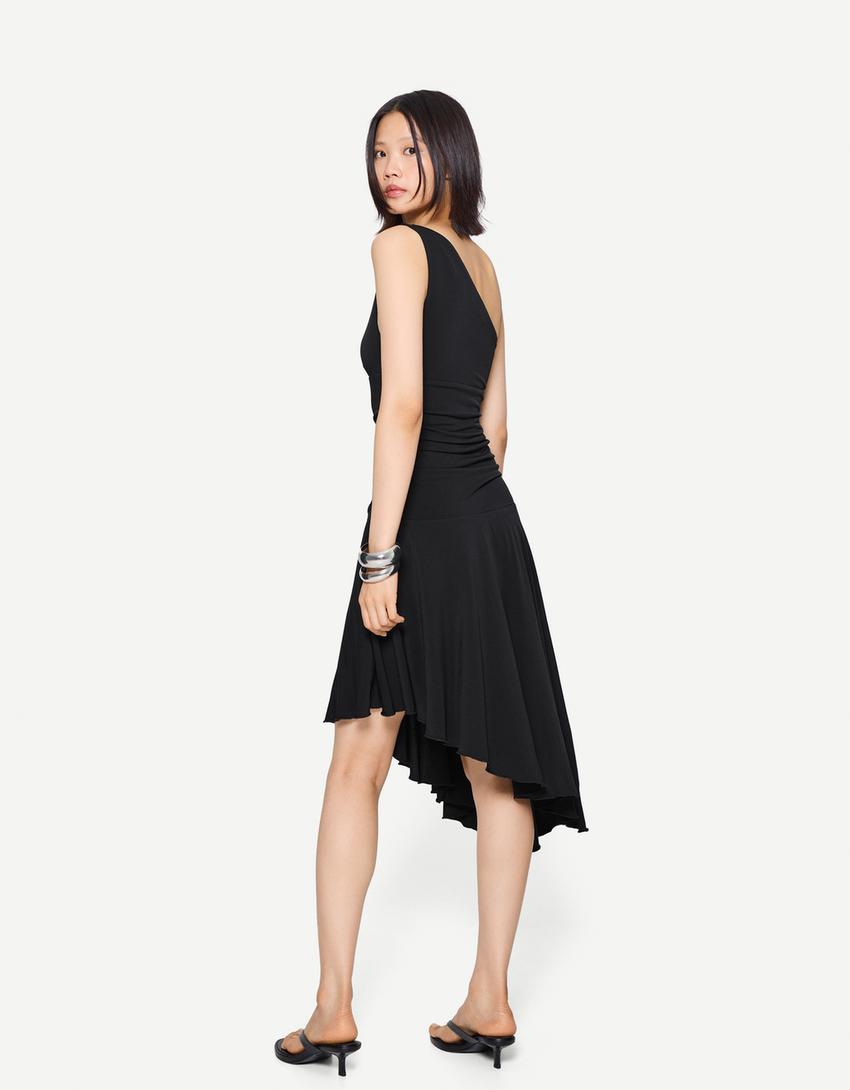 Asymmetric midi dress with ruffles-Black-1