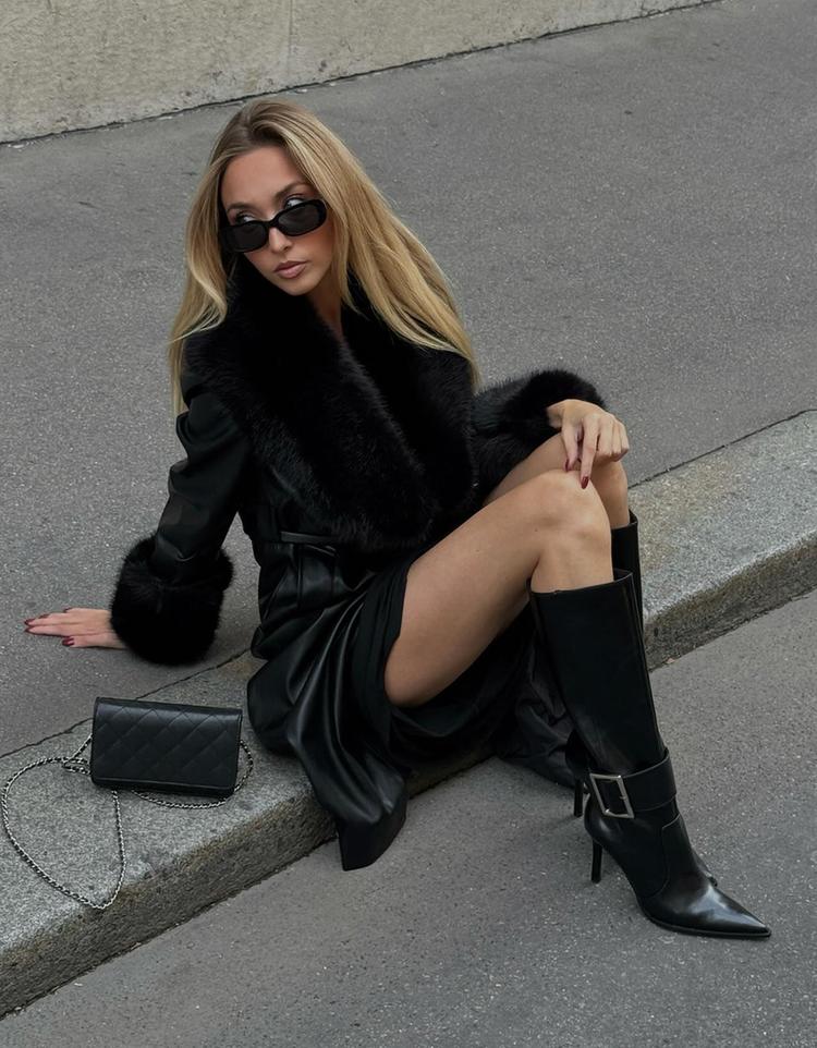 Leather effect coat with contrast faux fur