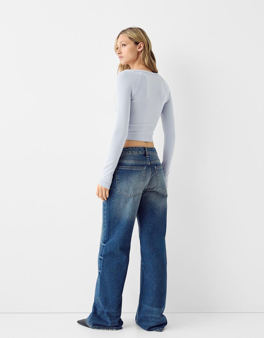 Top manches longues col en V-Bleu clair-1