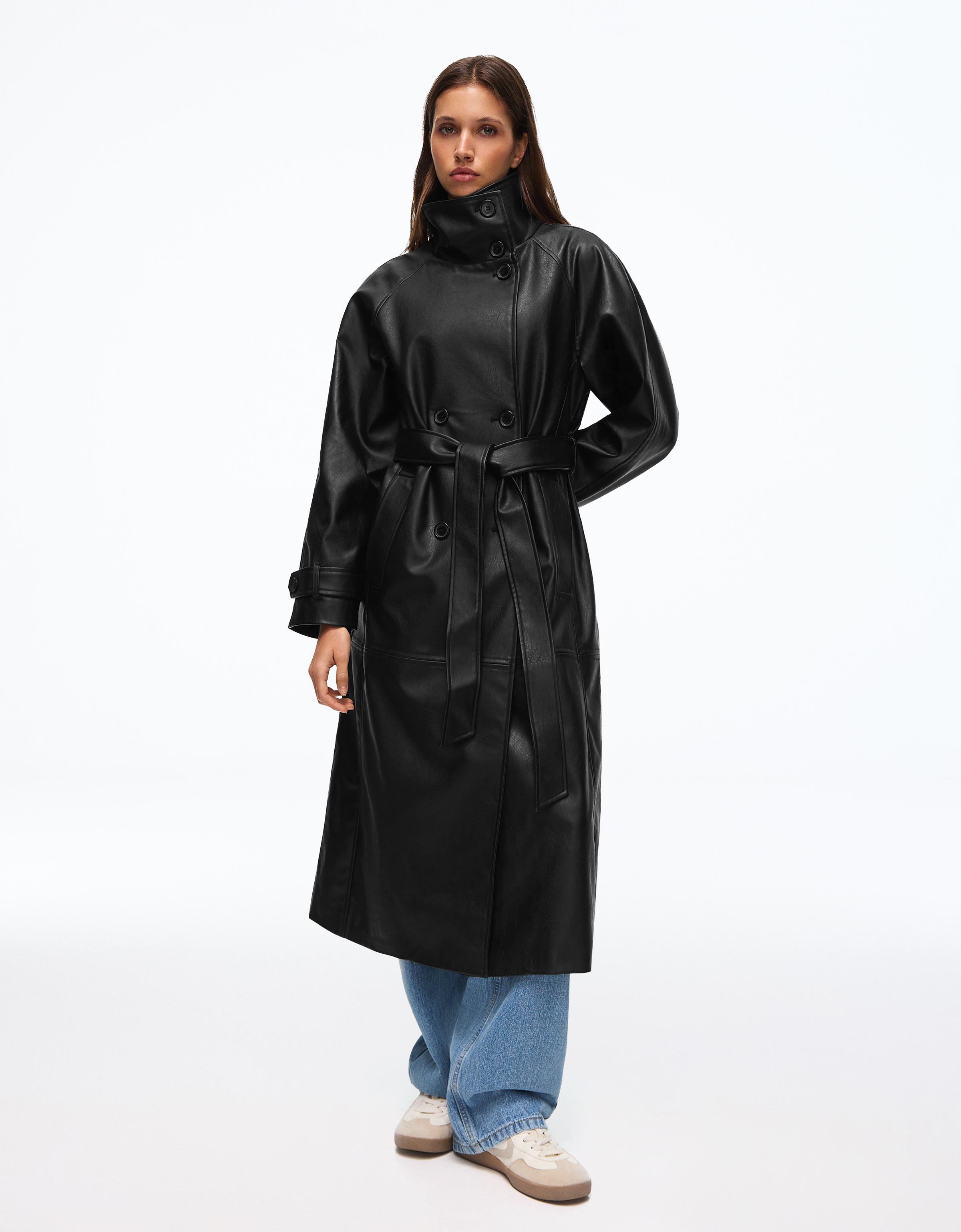 Long funnel neck trench coat with leather effect belt