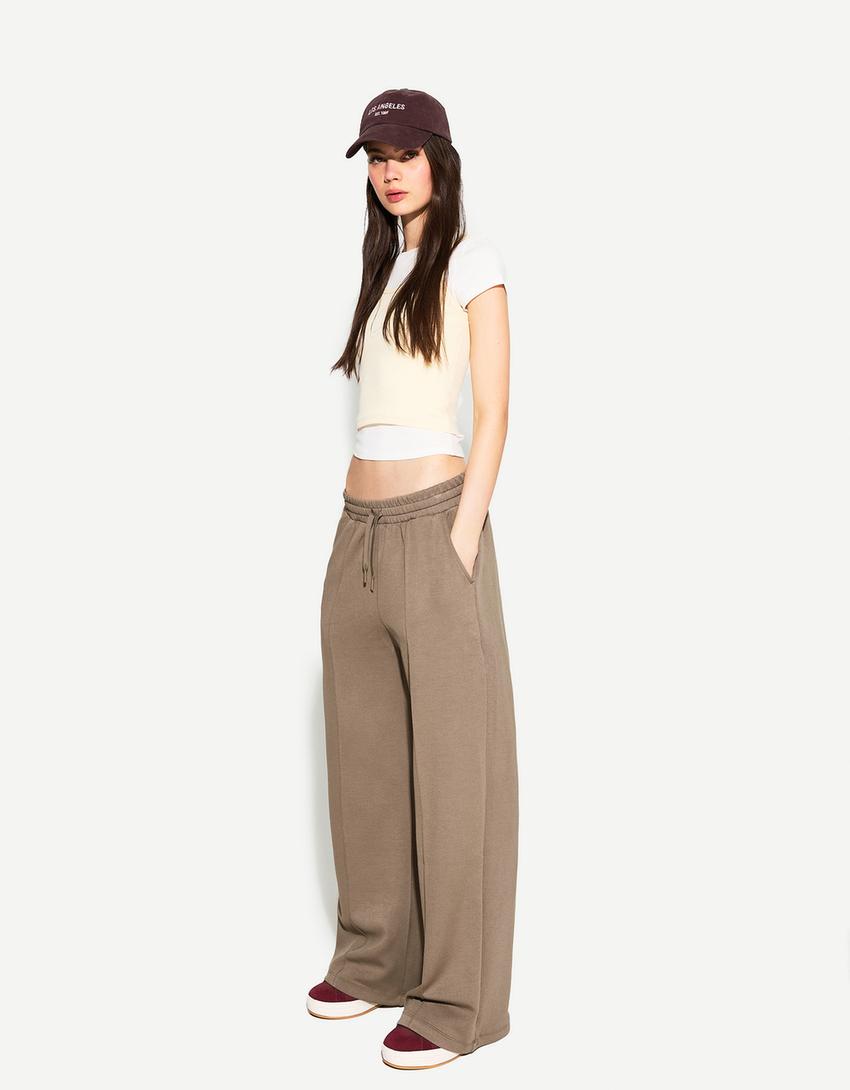 Soft touch wide-leg trousers-Sand