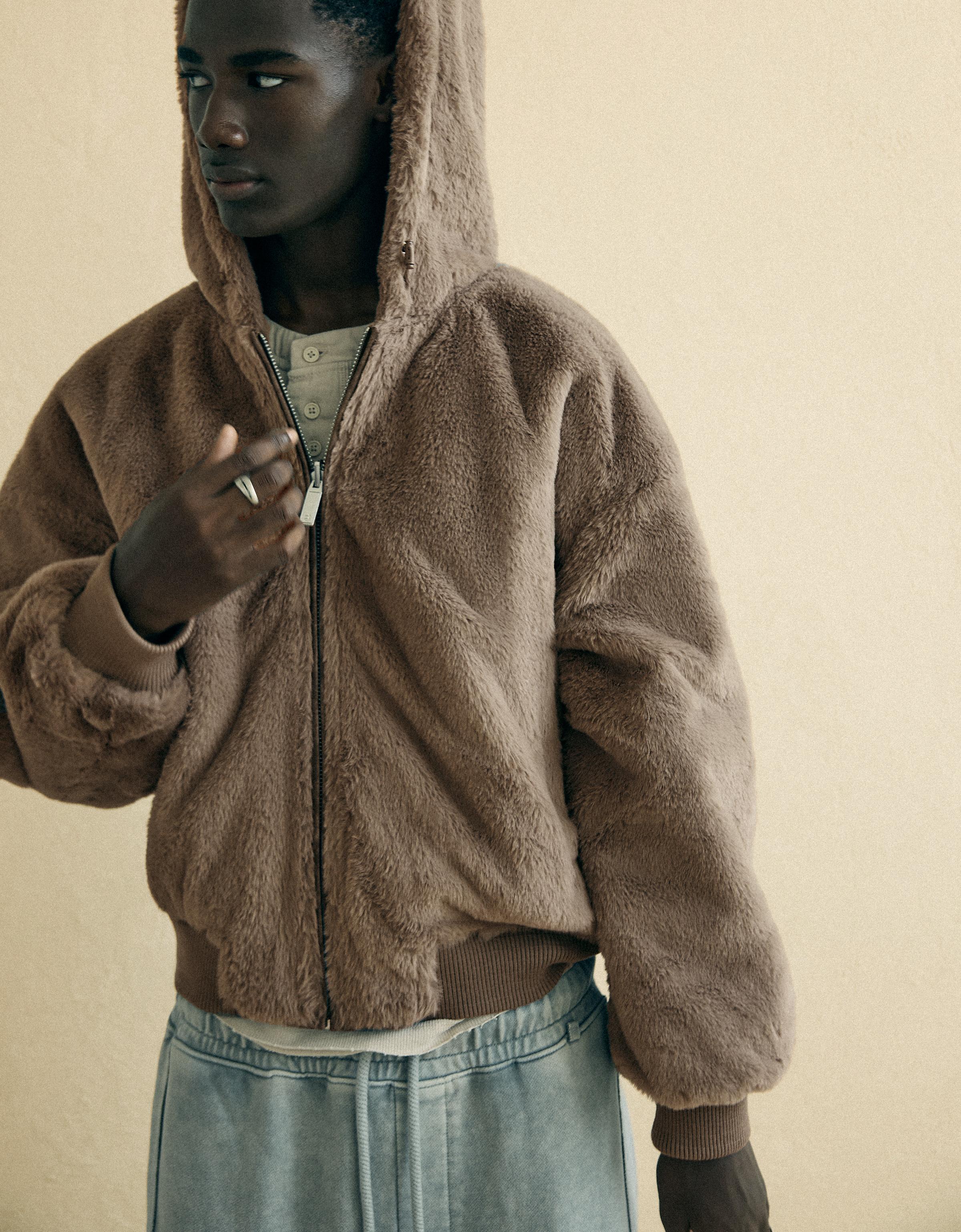 Reversible faux fur hooded jacket — Brown