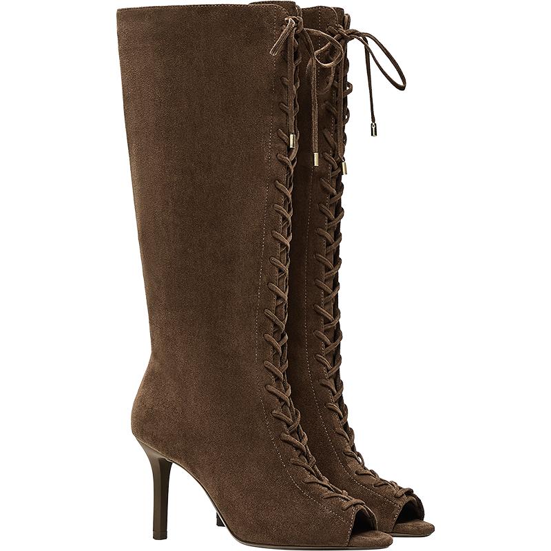 CORSET PEEP TOE HEEL BOOTS — Tan