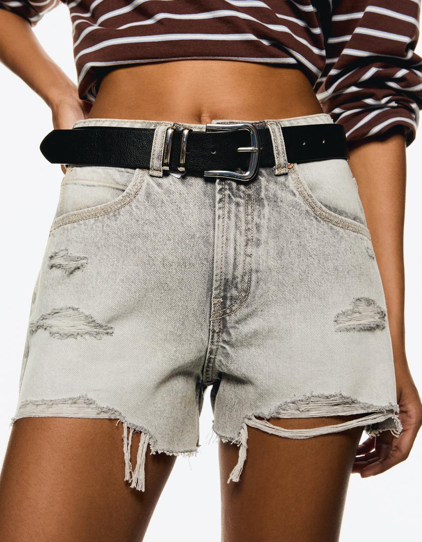 Ripped denim shorts-Grey-1