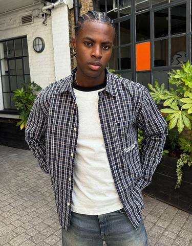 Long sleeve embroidered check shirt — Navy 1
