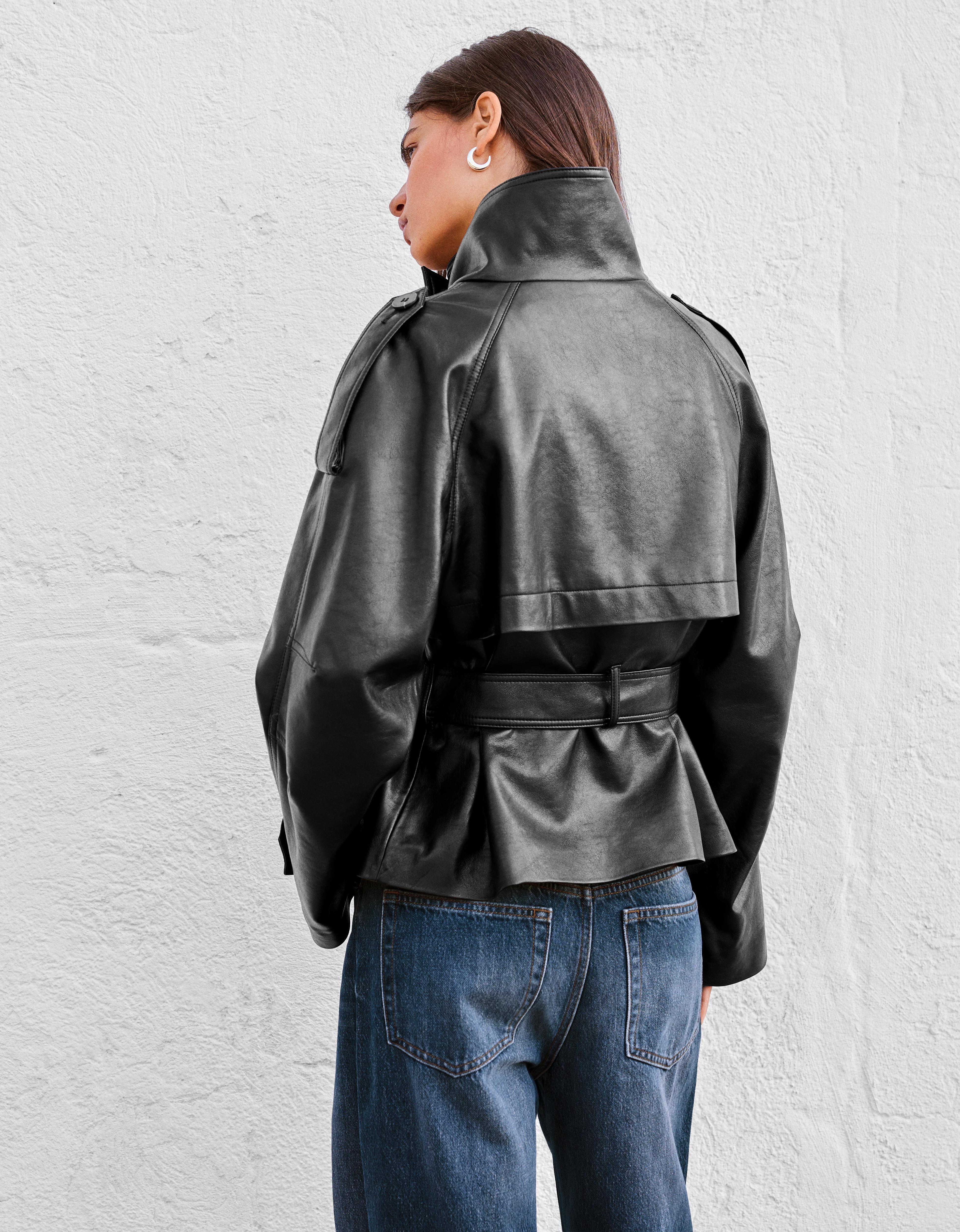 Short leather effect trench jacket — Black