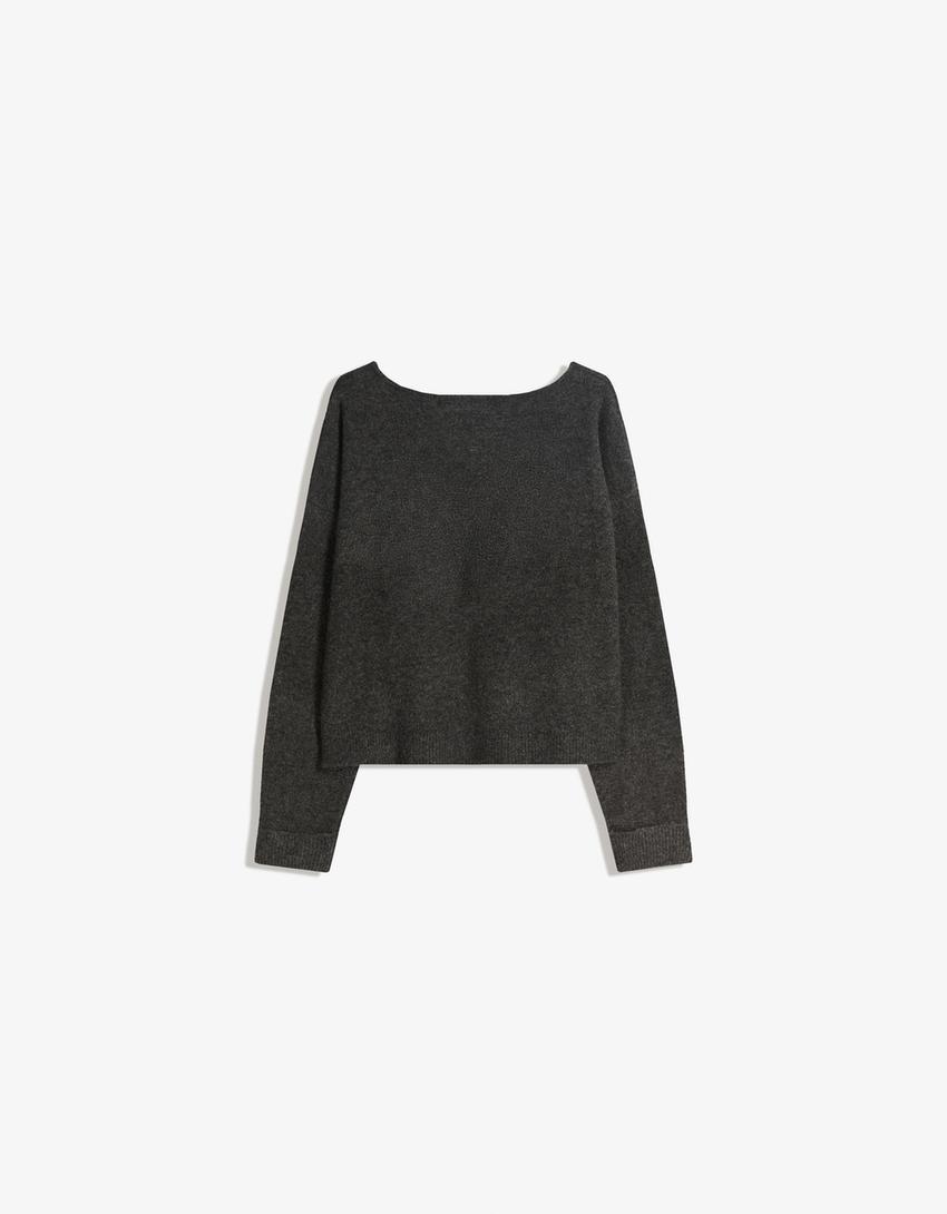 Sweter z dekoltem w serek soft touch-Ciemnoszary