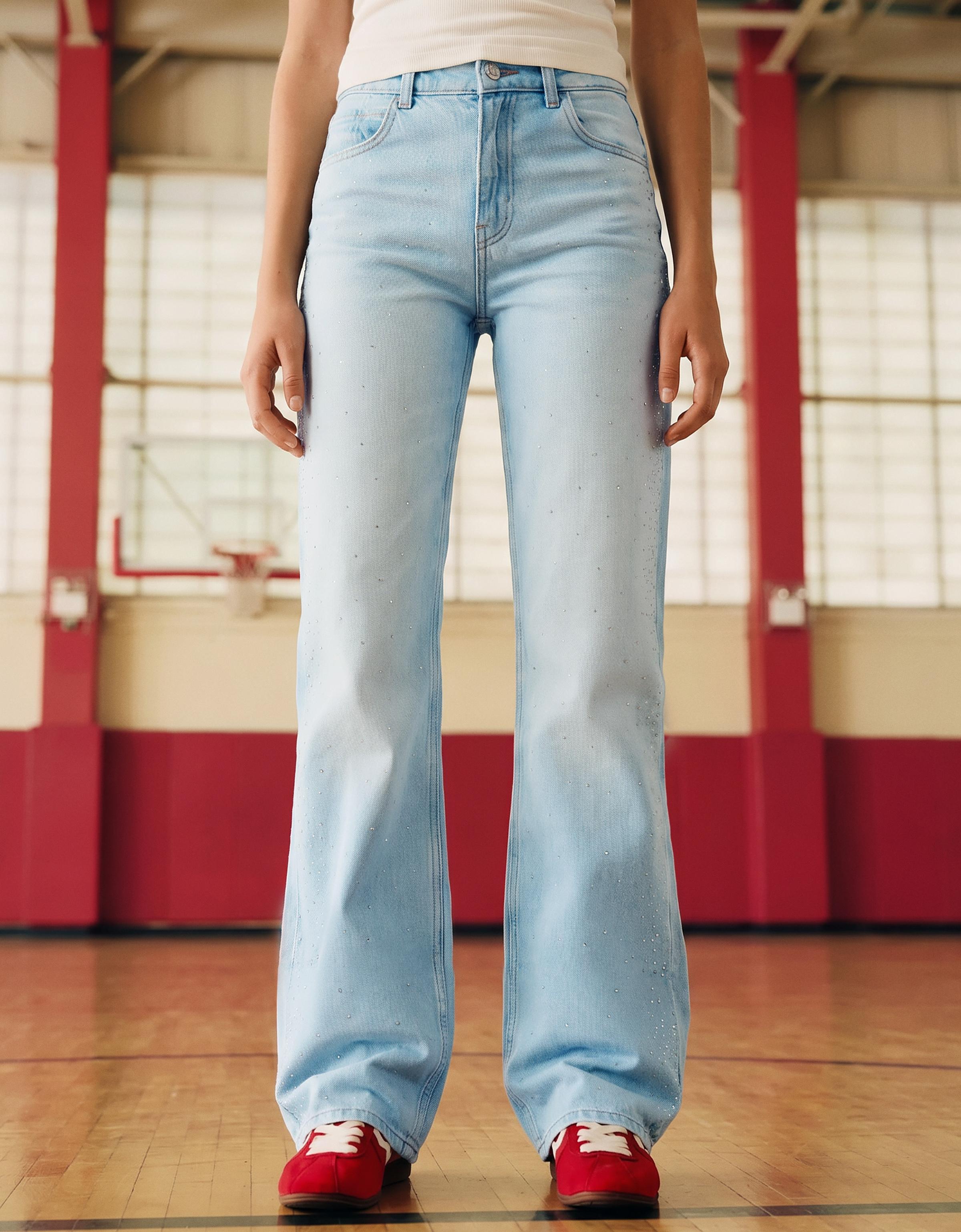 High-waist shimmery straight-leg jeans — Light blue