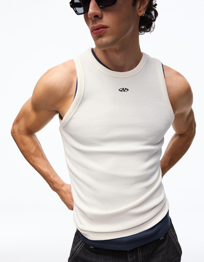 Trägertop mit Waffelstruktur-Print-Grbrochenes Weiss