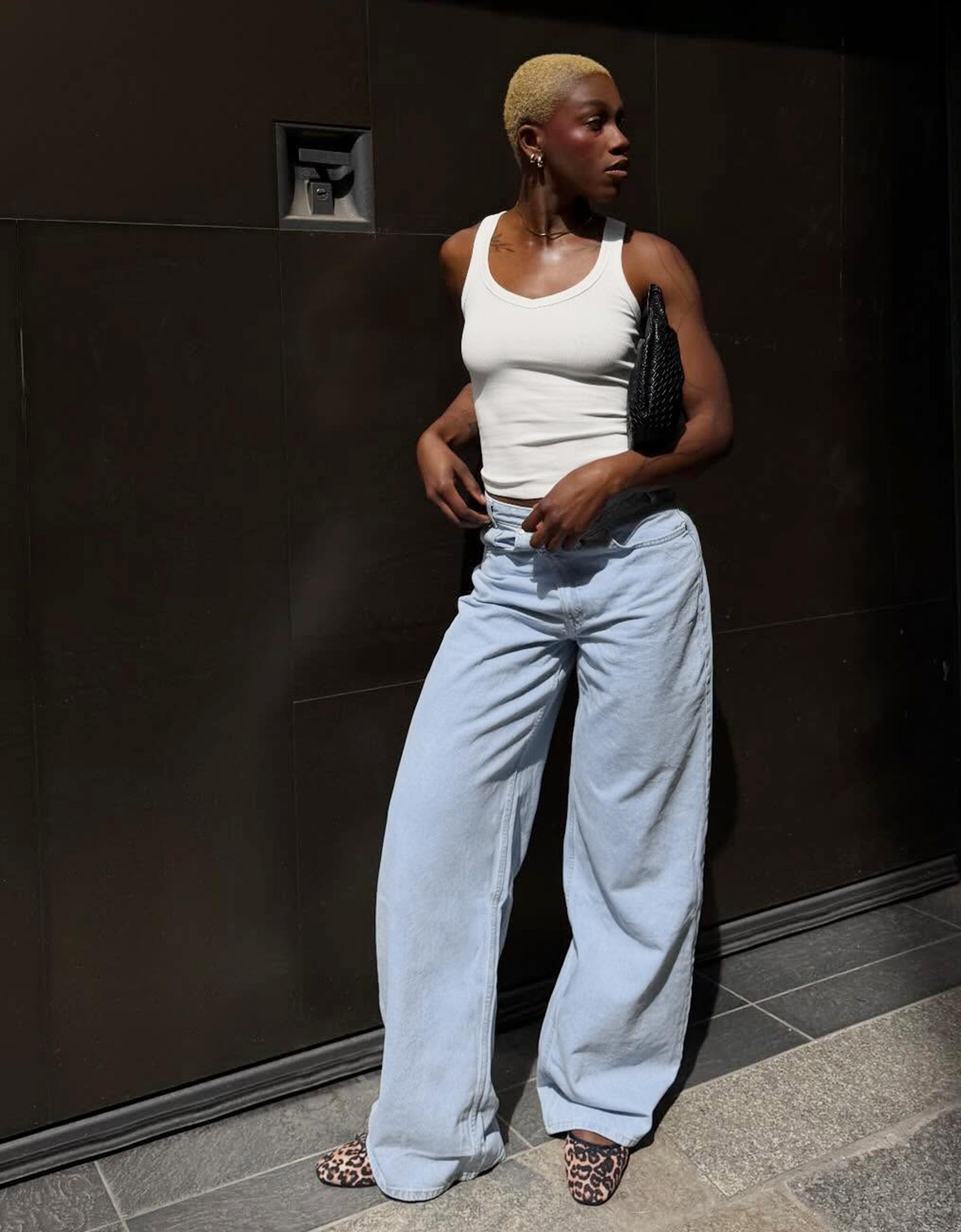 Wide leg jeans with crossover waist — Light blue