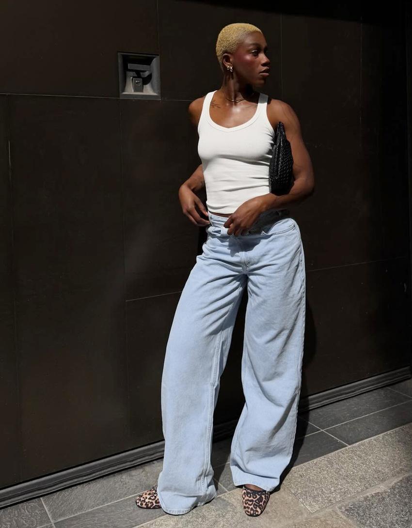 Jeans wide leg taille haute croisée-Bleu clair