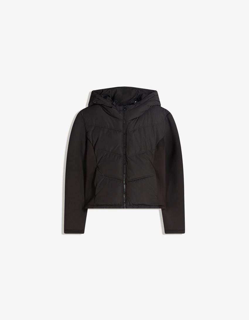 Cazadora capucha combinada efecto neopreno-Negro