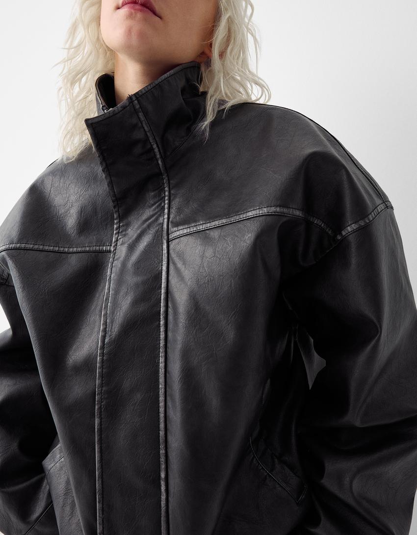 Blouson oversize similicuir effet usé-Noir-2