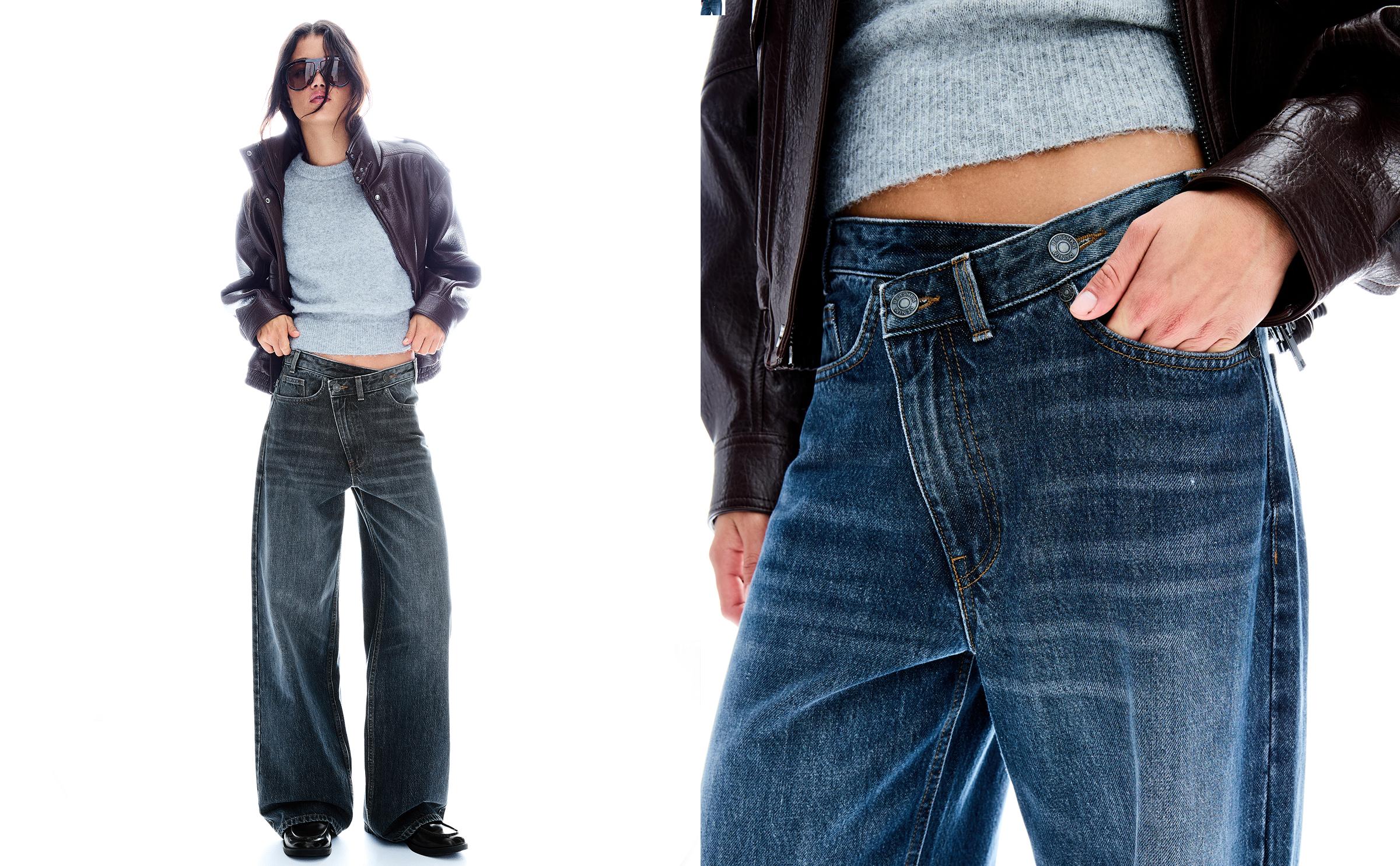 Wide leg jeans with crossover waist — Blue
