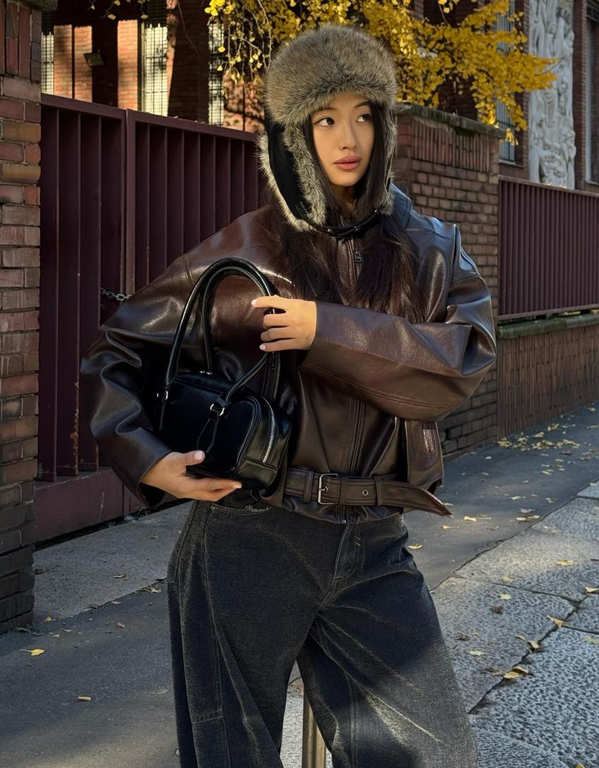 Blouson bomber similicuir ceinture-Marron