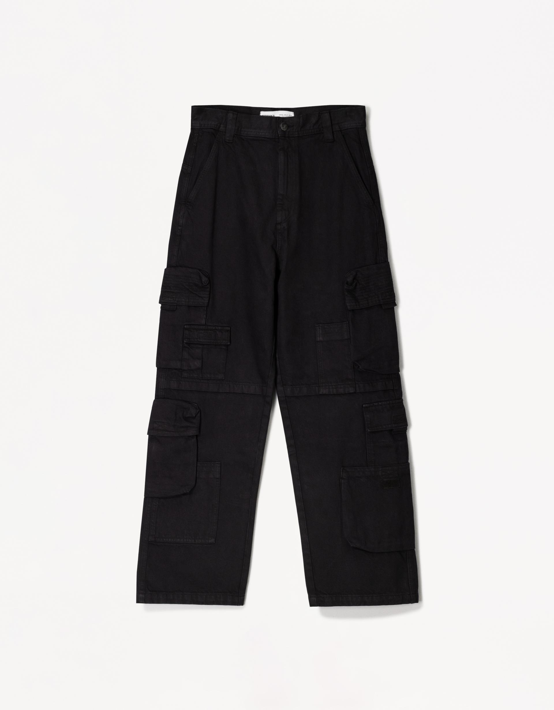 Bershka Cargo Black Multi-cargo Baggy Trousers Men Bershka
