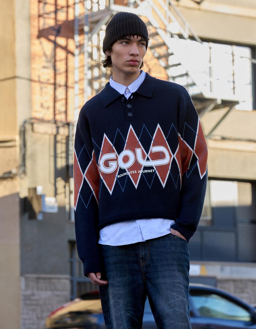 Pull col polo imprimé-Marine