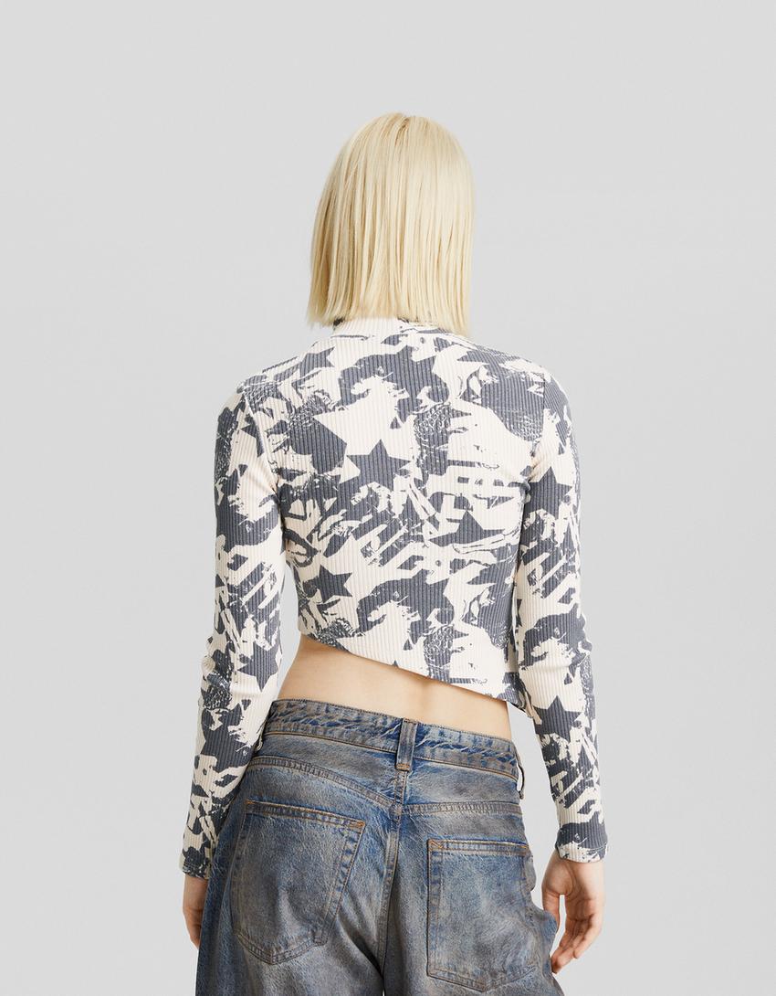 Pull col roulé asymétrique imprimé-Écru-1