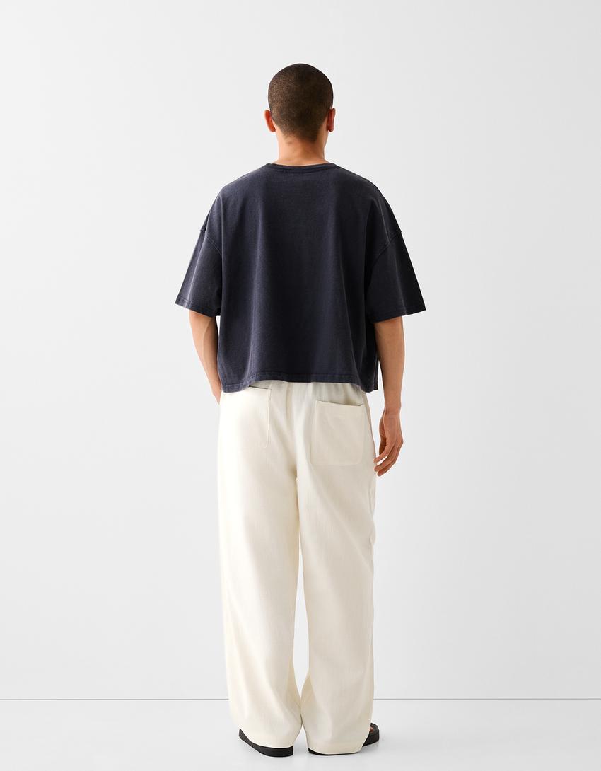 سروال فضفاض محبوك من مزيج قطني-أبيض مطفي-2