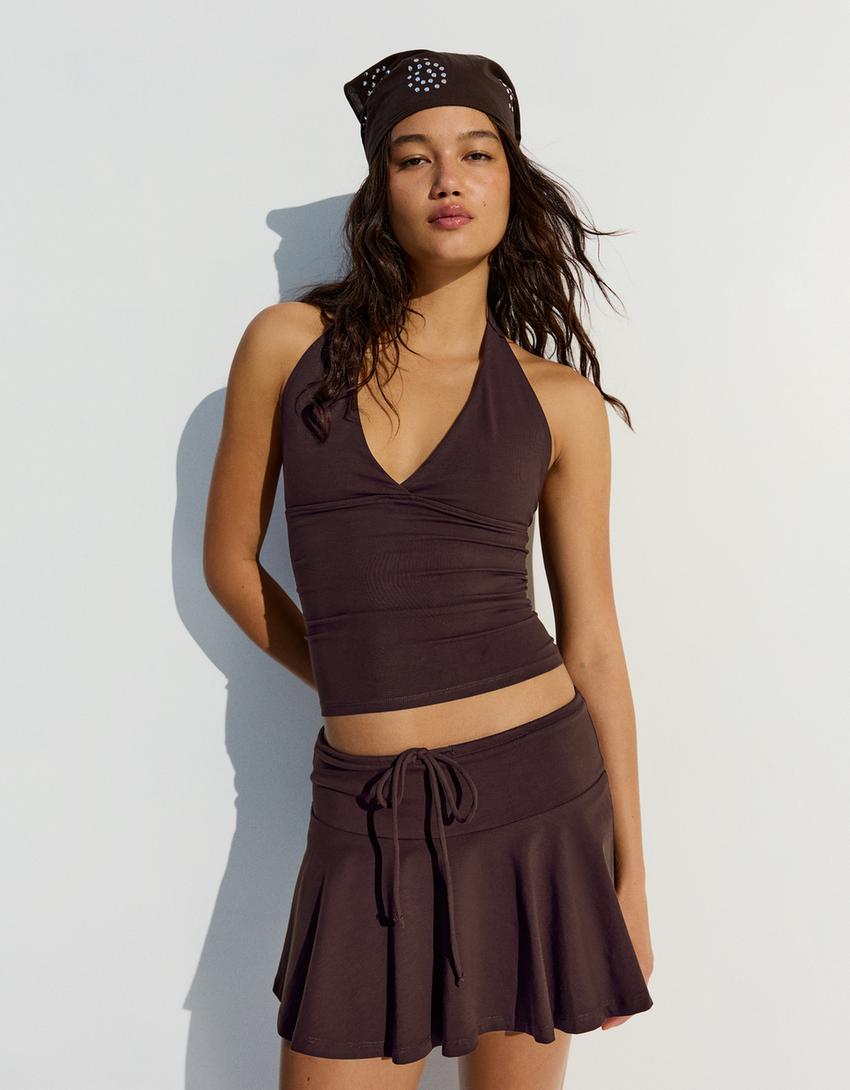 Mini skorts with tie waist-Brown
