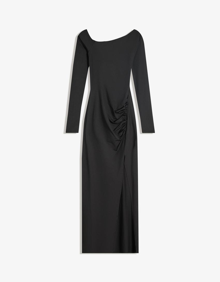 Asymmetric long sleeve midi dress-Black