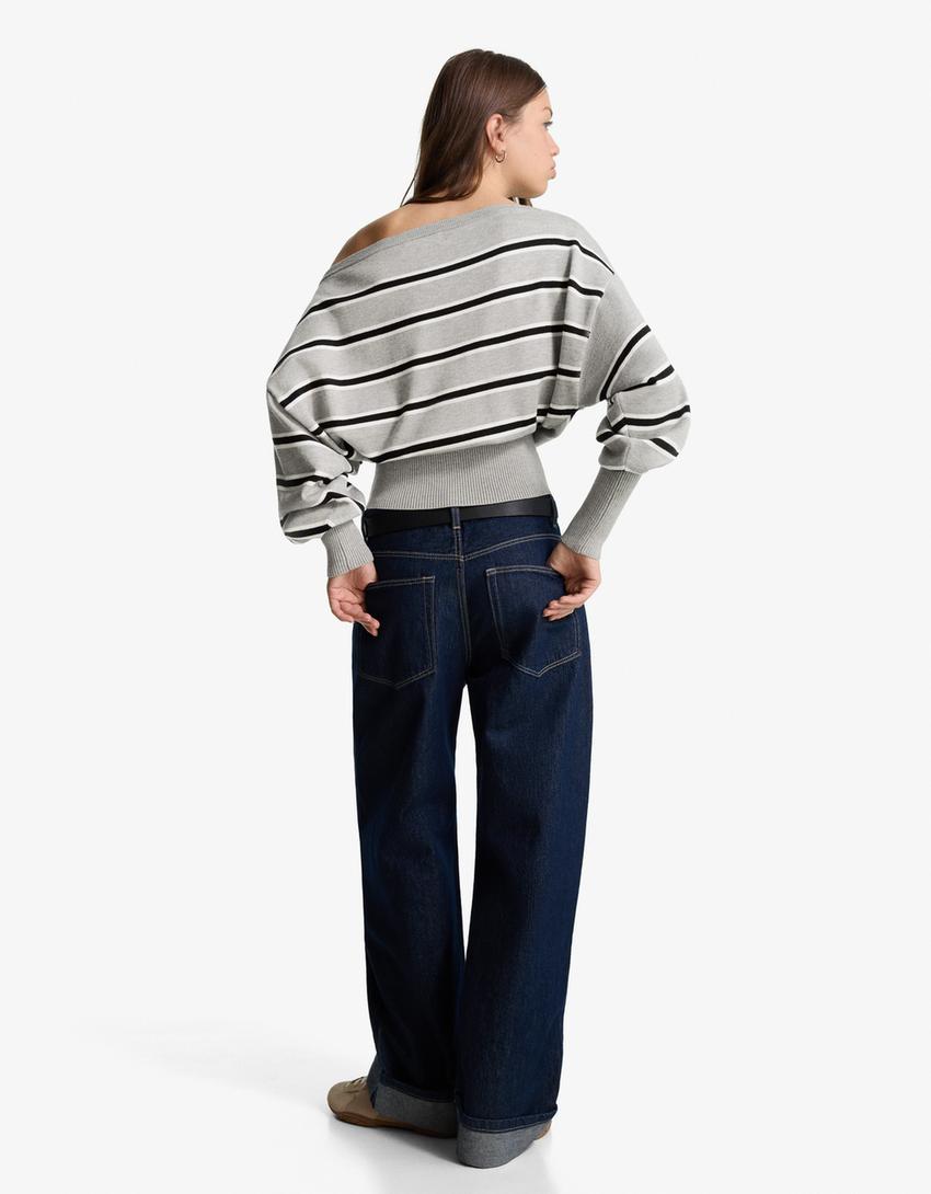 Pull asymétrique à ourlet côtelé-Gris