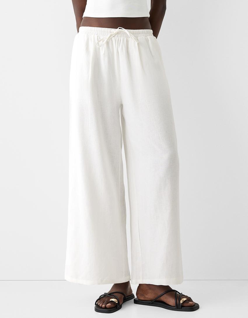 Culottes with linen and an elastic waist-Off white-1