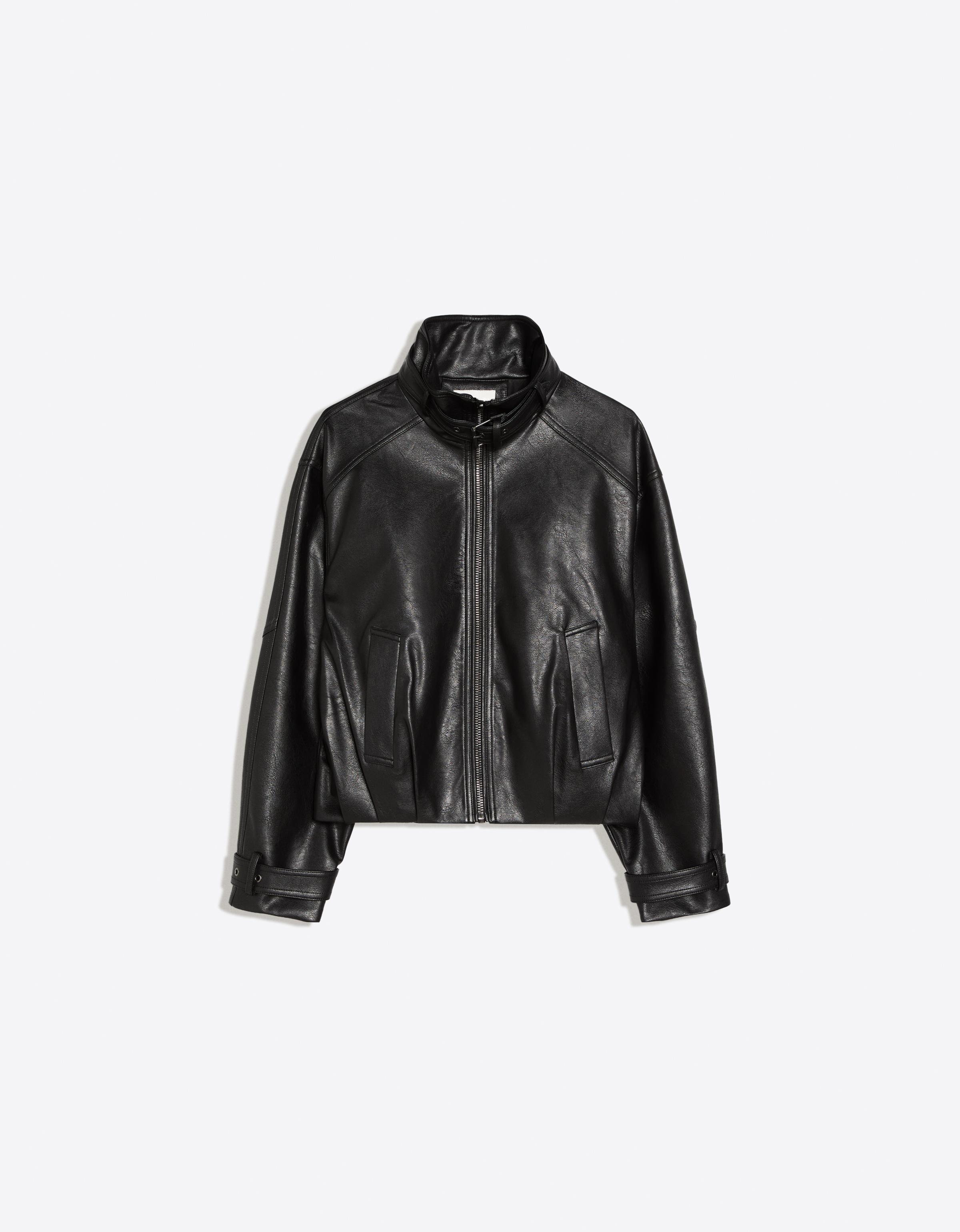 Leather effect funnel neck jacket — Black