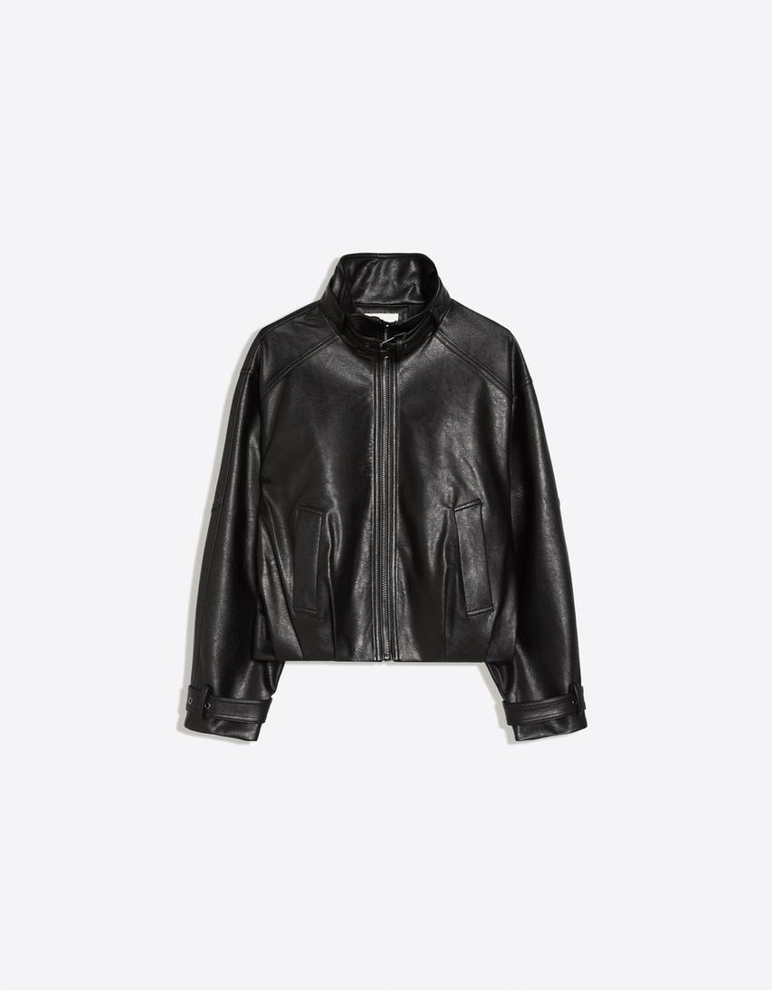 Cazadora cuello chimenea efecto piel-Negro